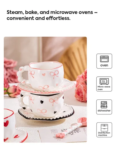 290ml Luxury Pink Floral Ceramic Mug &amp; Saucer Set With Elegant Handle (D16 x H9)cm