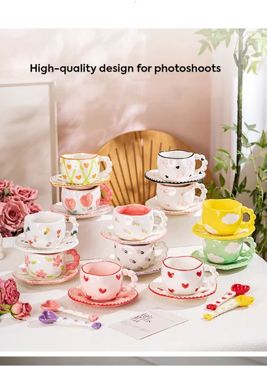 290ml Luxury Pink Floral Ceramic Mug &amp; Saucer Set With Elegant Handle (D16 x H9)cm