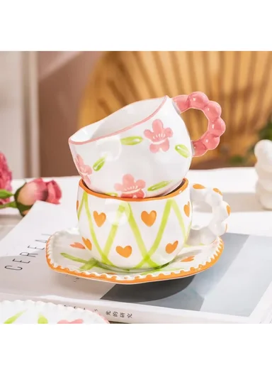 290ml Luxury Pink Floral Ceramic Mug &amp; Saucer Set With Elegant Handle (D16 x H9)cm