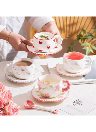 290ml Luxury Pink Floral Ceramic Mug &amp; Saucer Set With Elegant Handle (D16 x H9)cm