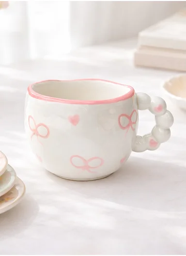 300ml Luxury Pink Bows Ceramic Mug With Elegant Handle (D9 x H7)cm