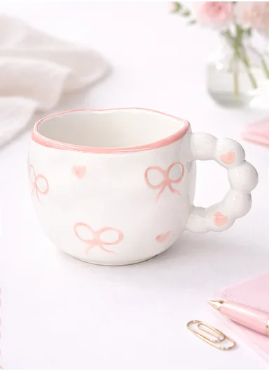 300ml Luxury Pink Bows Ceramic Mug With Elegant Handle (D9 x H7)cm