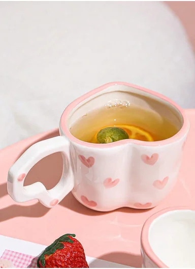 260ML Heart Pattern Ceramic Mug With Decorative Handle (W13 x D8 x H7)cm - White &amp; Pink
