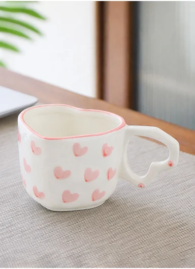 260ML Heart Pattern Ceramic Mug With Decorative Handle (W13 x D8 x H7)cm - White &amp; Pink