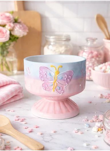 350ML Luxury Butterfly Design Ceramic Bowl With Pedestal Base (D9.5 x H10.5)cm