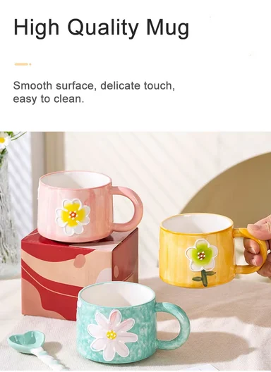 320ml Floral Daisy Design Ceramic Mug With Comfortable Handle (D9 x H7)cm - Yellow
