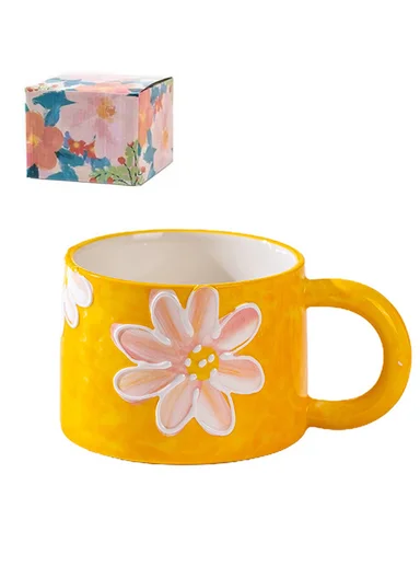 320ml Floral Daisy Design Ceramic Mug With Comfortable Handle (D9 x H7)cm - Yellow