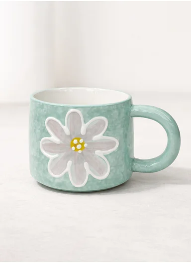 320ml Floral Daisy Design Ceramic Mug With Comfortable Handle (D9 x H7)cm - Green