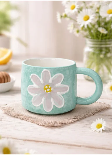 320ml Floral Daisy Design Ceramic Mug With Comfortable Handle (D9 x H7)cm - Green