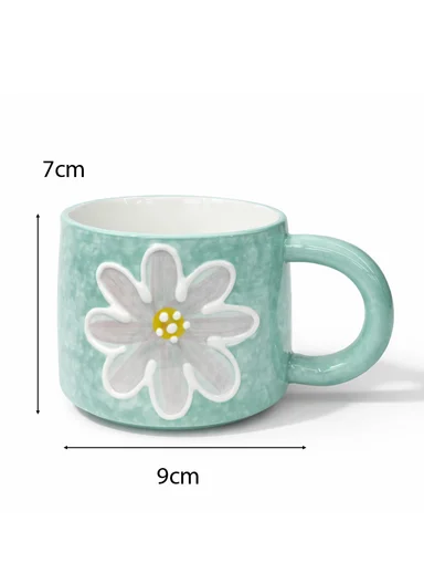 320ml Floral Daisy Design Ceramic Mug With Comfortable Handle (D9 x H7)cm - Green
