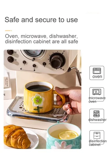 320ml Floral Daisy Design Ceramic Mug With Comfortable Handle (D9 x H7)cm - Green