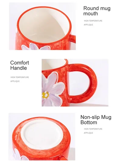 320ml Floral Daisy Design Ceramic Mug With Comfortable Handle (D9 x H7)cm - Green