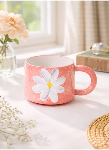 320ml Floral Daisy Design Ceramic Mug With Comfortable Handle (D9 x H7)cm - Pink