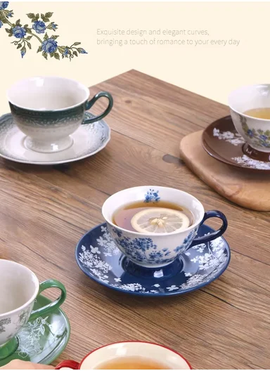 200ML Elegant Blue Floral Ceramic Mug &amp; Saucer Set (D16 x H9)cm