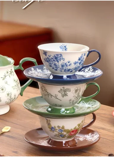 200ML Elegant Blue Floral Ceramic Mug &amp; Saucer Set (D16 x H9)cm