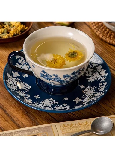 200ML Elegant Blue Floral Ceramic Mug &amp; Saucer Set (D16 x H9)cm