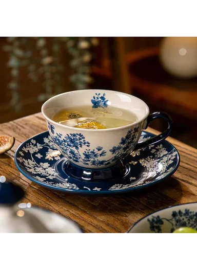 200ML Elegant Blue Floral Ceramic Mug &amp; Saucer Set (D16 x H9)cm