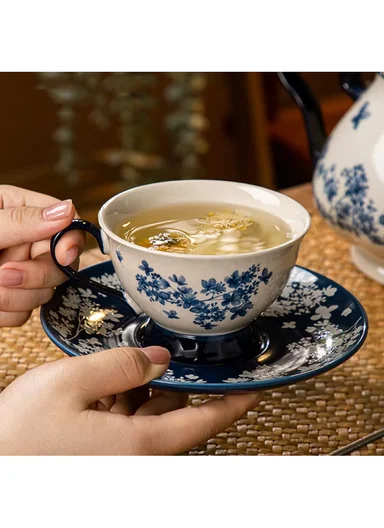 200ML Elegant Blue Floral Ceramic Mug &amp; Saucer Set (D16 x H9)cm