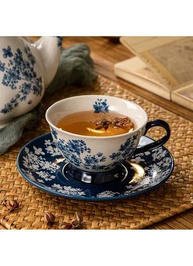 200ML Elegant Blue Floral Ceramic Mug &amp; Saucer Set (D16 x H9)cm