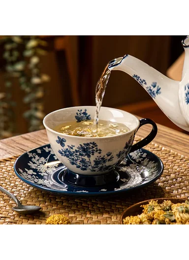 200ML Elegant Blue Floral Ceramic Mug &amp; Saucer Set (D16 x H9)cm
