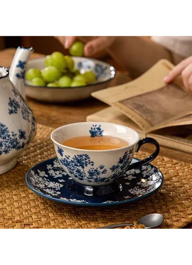 200ML Elegant Blue Floral Ceramic Mug &amp; Saucer Set (D16 x H9)cm