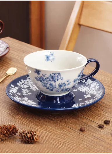 200ML Elegant Blue Floral Ceramic Mug &amp; Saucer Set (D16 x H9)cm