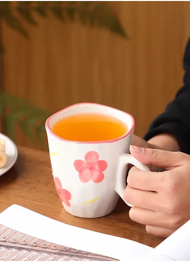 340ML Elegant Pink Flower Ceramic Mug With Soft Gloss Finish (D9.5 x H10)cm