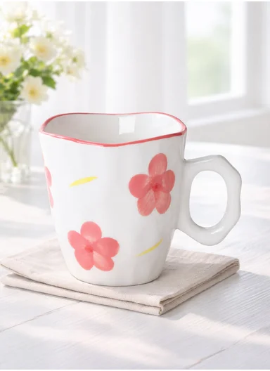 340ML Elegant Pink Flower Ceramic Mug With Soft Gloss Finish (D9.5 x H10)cm