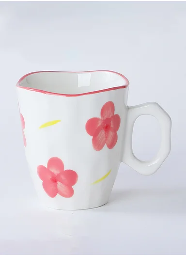 340ML Elegant Pink Flower Ceramic Mug With Soft Gloss Finish (D9.5 x H10)cm