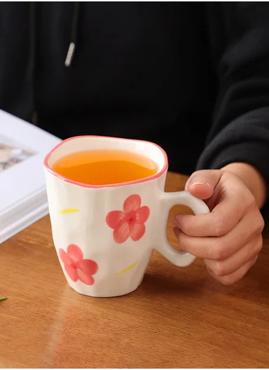 340ML Elegant Pink Flower Ceramic Mug With Soft Gloss Finish (D9.5 x H10)cm