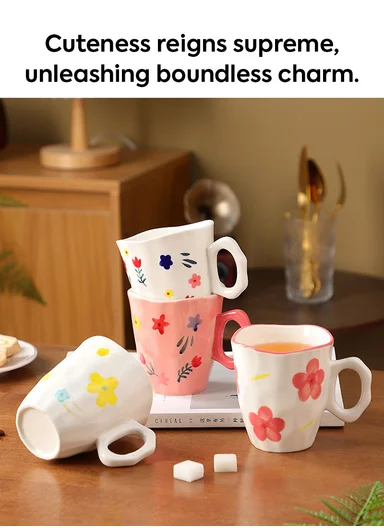 340ML Elegant Pink Flower Ceramic Mug With Soft Gloss Finish (D9.5 x H10)cm