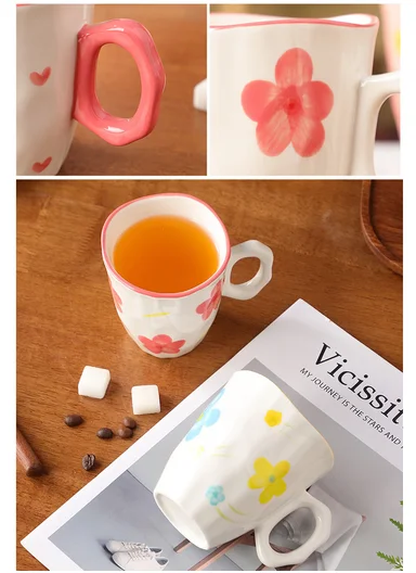 340ML Elegant Pink Flower Ceramic Mug With Soft Gloss Finish (D9.5 x H10)cm