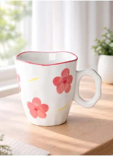 340ML Elegant Pink Flower Ceramic Mug With Soft Gloss Finish (D9.5 x H10)cm