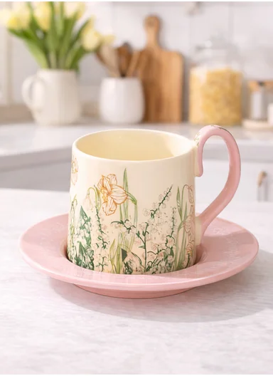 230ml Luxury Tulip Design Ceramic Mug &amp; Saucer Set With Elegant Curved Handle (D15 x H10)cm – Pink