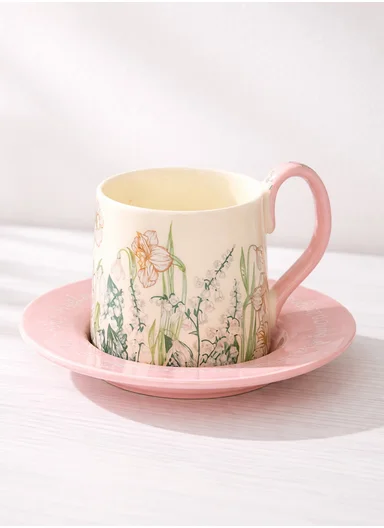 230ml Luxury Tulip Design Ceramic Mug &amp; Saucer Set With Elegant Curved Handle (D15 x H10)cm – Pink