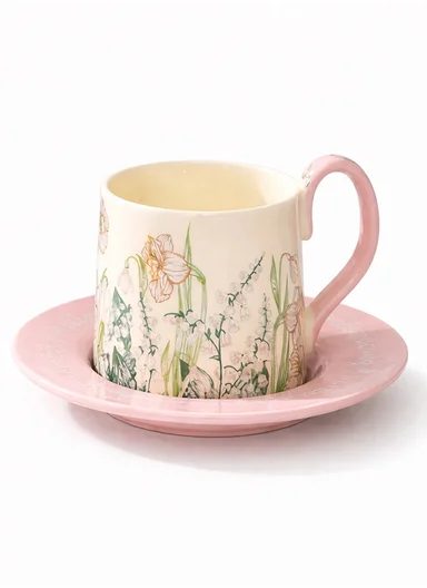230ml Luxury Tulip Design Ceramic Mug &amp; Saucer Set With Elegant Curved Handle (D15 x H10)cm – Pink