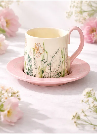 230ml Luxury Tulip Design Ceramic Mug &amp; Saucer Set With Elegant Curved Handle (D15 x H10)cm – Pink