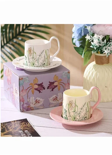 230ml Luxury Tulip Design Ceramic Mug &amp; Saucer Set With Elegant Curved Handle (D15 x H10)cm – Pink
