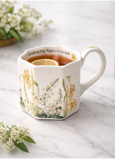 330ml Elegant Floral Ceramic Mug With Wavy Rim &amp; Curved Handle (D9 x H8)cm