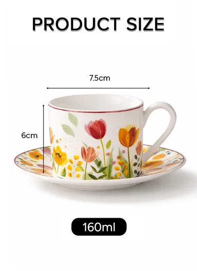 160ML Luxury Ceramic Mug &amp; Saucer Set With Elegant Botanical Pattern