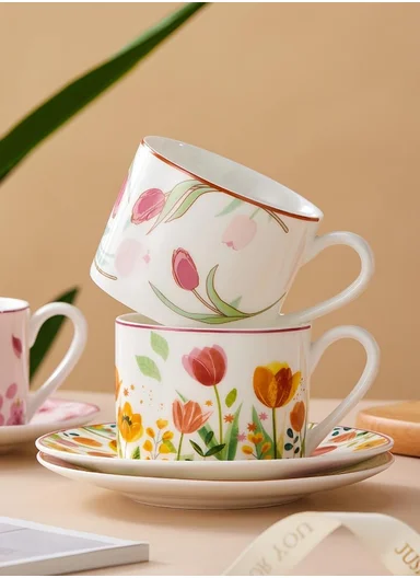 160ML Luxury Ceramic Mug &amp; Saucer Set With Elegant Botanical Pattern