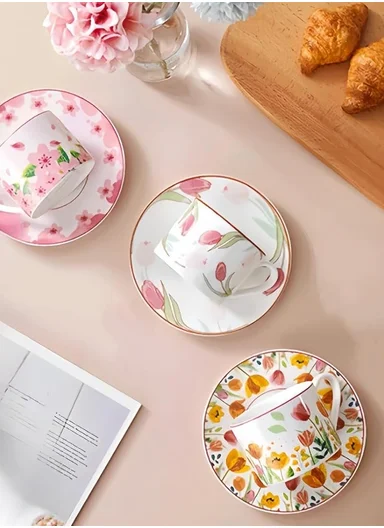 160ML Luxury Ceramic Mug &amp; Saucer Set With Elegant Botanical Pattern