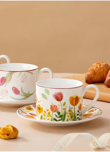 160ML Luxury Ceramic Mug &amp; Saucer Set With Elegant Botanical Pattern