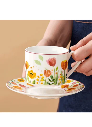 160ML Luxury Ceramic Mug &amp; Saucer Set With Elegant Botanical Pattern