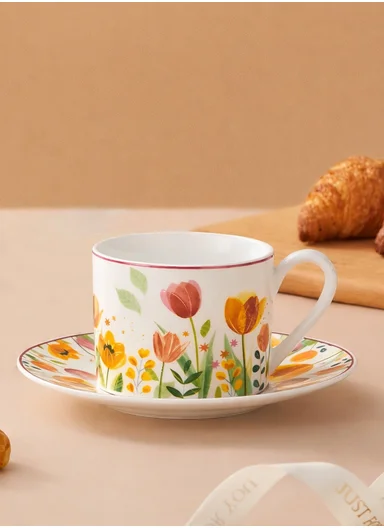 160ML Luxury Ceramic Mug &amp; Saucer Set With Elegant Botanical Pattern