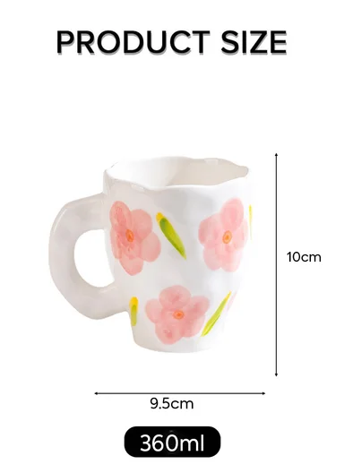 360ML Elegant Pink Flower Ceramic Mug With Wavy Rim (D9.5 x H10)cm