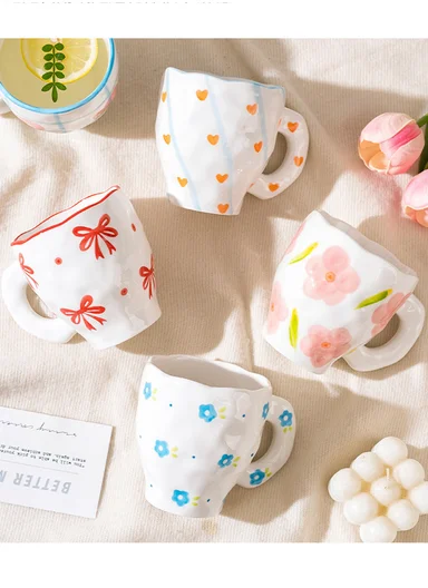 360ML Elegant Pink Flower Ceramic Mug With Wavy Rim (D9.5 x H10)cm