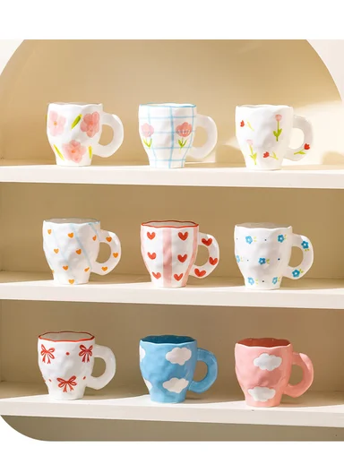 360ML Elegant Pink Flower Ceramic Mug With Wavy Rim (D9.5 x H10)cm