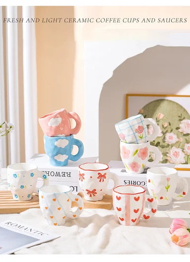 360ML Elegant Pink Flower Ceramic Mug With Wavy Rim (D9.5 x H10)cm