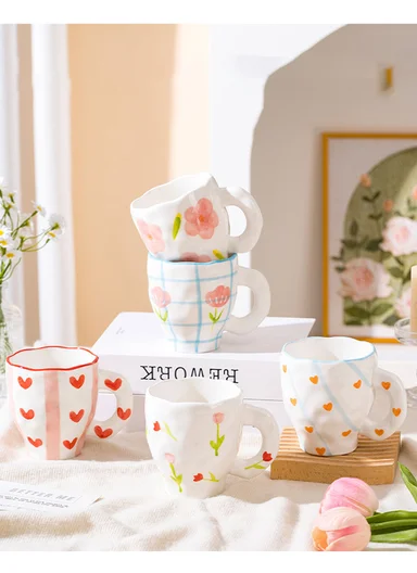 360ML Elegant Pink Flower Ceramic Mug With Wavy Rim (D9.5 x H10)cm
